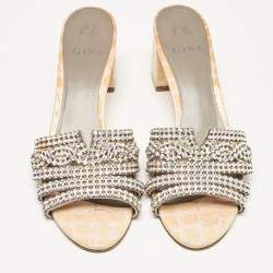 Pre Owned Gina Beige Leather Crystal Embellished Rodeo Slide Sandals Size 40