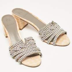 Pre Owned Gina Beige Leather Crystal Embellished Rodeo Slide Sandals Size 40