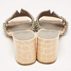 Pre Owned Gina Beige Leather Crystal Embellished Rodeo Slide Sandals Size 40