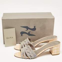 Pre Owned Gina Beige Leather Crystal Embellished Rodeo Slide Sandals Size 40