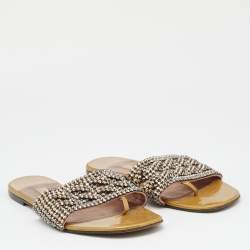 Gina Green Crystal Embellished Leather Flat Slides Size 39