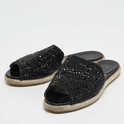 Gina Black Satin Crystal Embellished Espadrille Flats Size 37