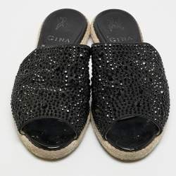 Gina Black Satin Crystal Embellished Espadrille Flats Size 37