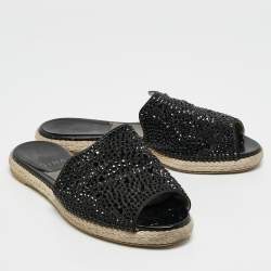 Gina Black Satin Crystal Embellished Espadrille Flats Size 37