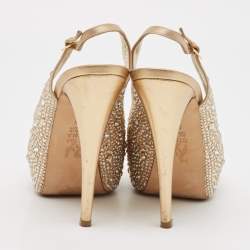 Pre Owned Gina Gold Satin and Leather Crystals Embellished Slingback Sandals Size 38.5