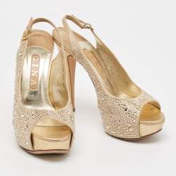 Pre Owned Gina Gold Satin and Leather Crystals Embellished Slingback Sandals Size 38.5