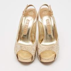 Pre Owned Gina Gold Satin and Leather Crystals Embellished Slingback Sandals Size 38.5