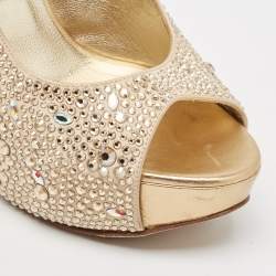 Pre Owned Gina Gold Satin and Leather Crystals Embellished Slingback Sandals Size 38.5