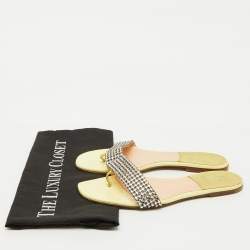 Pre Owned Gina Yellow Crystal Embellished Leather Flat Sandals Size 38.5