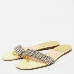 Pre Owned Gina Yellow Crystal Embellished Leather Flat Sandals Size 38.5