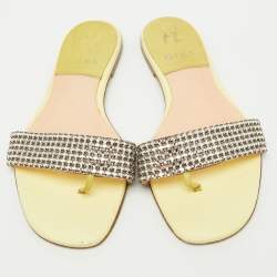 Pre Owned Gina Yellow Crystal Embellished Leather Flat Sandals Size 38.5