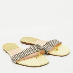 Pre Owned Gina Yellow Crystal Embellished Leather Flat Sandals Size 38.5