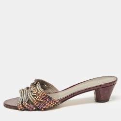 Pre Owned Gina Burgundy Croc Embossed Leather Crystal Embellished Loren Slide Sandals Size 41.5