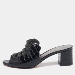 Pre Owned Gina Black Croc Embossed Patent Leather Crystal Block Heel Slide Sandals Size 38.5