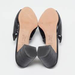 Pre Owned Gina Black Croc Embossed Patent Leather Crystal Block Heel Slide Sandals Size 38.5