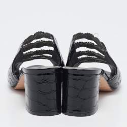 Pre Owned Gina Black Croc Embossed Patent Leather Crystal Block Heel Slide Sandals Size 38.5