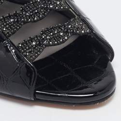 Pre Owned Gina Black Croc Embossed Patent Leather Crystal Block Heel Slide Sandals Size 38.5