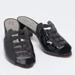 Pre Owned Gina Black Croc Embossed Patent Leather Crystal Block Heel Slide Sandals Size 38.5