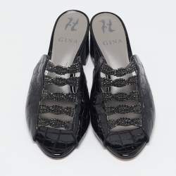 Pre Owned Gina Black Croc Embossed Patent Leather Crystal Block Heel Slide Sandals Size 38.5