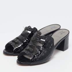 Pre Owned Gina Black Croc Embossed Patent Leather Crystal Block Heel Slide Sandals Size 38.5