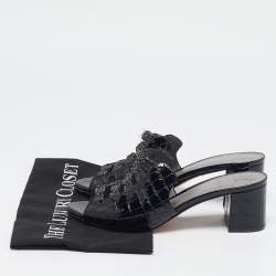 Pre Owned Gina Black Croc Embossed Patent Leather Crystal Block Heel Slide Sandals Size 38.5