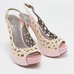 Gina Light Pink Crystal Embellished Suede Cut-Out Platform Slingback Sandals Size 38.5