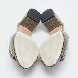 Pre Owned Gina Green Croc Embossed Patent Leather Block Heel Sandals Size 38.5