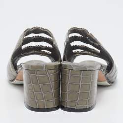 Pre Owned Gina Green Croc Embossed Patent Leather Block Heel Sandals Size 38.5