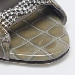 Pre Owned Gina Green Croc Embossed Patent Leather Block Heel Sandals Size 38.5