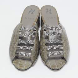 Pre Owned Gina Green Croc Embossed Patent Leather Block Heel Sandals Size 38.5