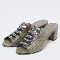 Pre Owned Gina Green Croc Embossed Patent Leather Block Heel Sandals Size 38.5