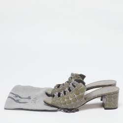 Pre Owned Gina Green Croc Embossed Patent Leather Block Heel Sandals Size 38.5