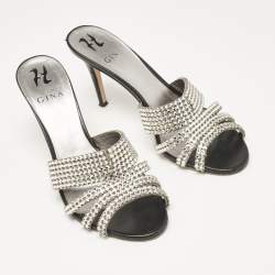 Pre Owned Gina Silver Crystal Embellished Leather Open Toe Sandals Size 40