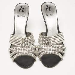 Pre Owned Gina Silver Crystal Embellished Leather Open Toe Sandals Size 40