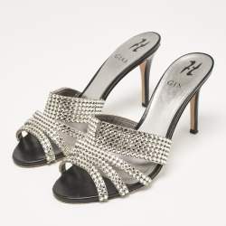 Pre Owned Gina Silver Crystal Embellished Leather Open Toe Sandals Size 40