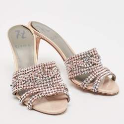 Gina Beige Leather Crystal Embellished Slide Sandals Size 36.5