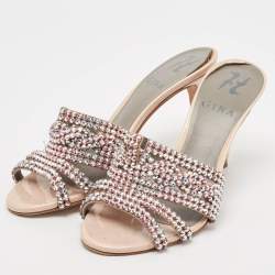 Gina Beige Leather Crystal Embellished Slide Sandals Size 36.5