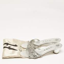 Pre Owned Gina Silver Leather Crystal Embellished Slide Sandals Size 39