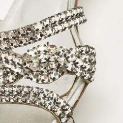 Pre Owned Gina Silver Leather Crystal Embellished Slide Sandals Size 39