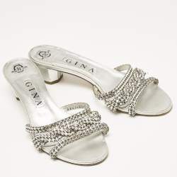 Pre Owned Gina Silver Leather Crystal Embellished Slide Sandals Size 39