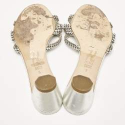 Pre Owned Gina Silver Leather Crystal Embellished Slide Sandals Size 39