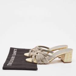 Pre Owned Gina Cream Croc Embossed Patent Leather Crystal Embellished Slide Sandals Size 36.5