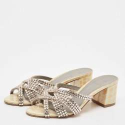 Pre Owned Gina Cream Croc Embossed Patent Leather Crystal Embellished Slide Sandals Size 36.5