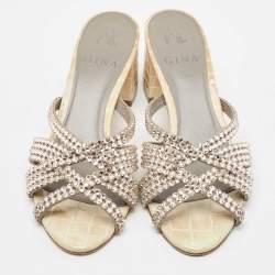 Pre Owned Gina Cream Croc Embossed Patent Leather Crystal Embellished Slide Sandals Size 36.5