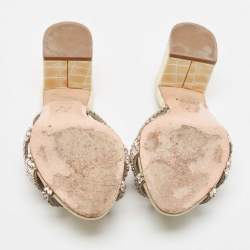 Pre Owned Gina Cream Croc Embossed Patent Leather Crystal Embellished Slide Sandals Size 36.5