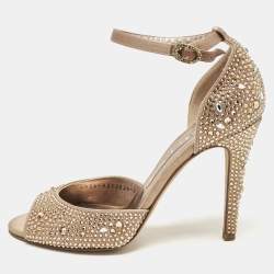 Gina Gold Satin Crystal Embellished Heel Ankle Strap Sandals Size 38