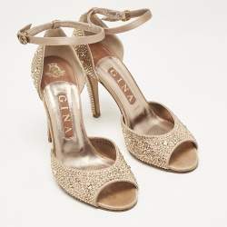Pre Owned Gina Gold Satin Crystal Embellished Heel Ankle Strap Sandals Size 38