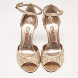 Pre Owned Gina Gold Satin Crystal Embellished Heel Ankle Strap Sandals Size 38