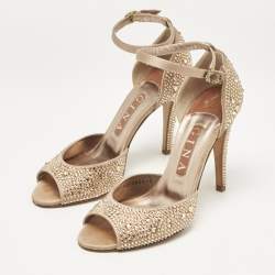 Pre Owned Gina Gold Satin Crystal Embellished Heel Ankle Strap Sandals Size 38