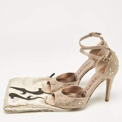 Pre Owned Gina Gold Satin Crystal Embellished Heel Ankle Strap Sandals Size 38